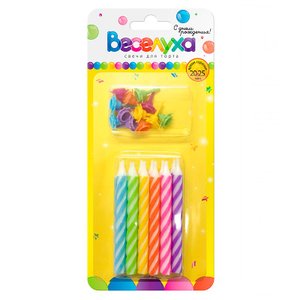 Свечи тортовые классические "Гиганты" Разноцветный неон с держателями