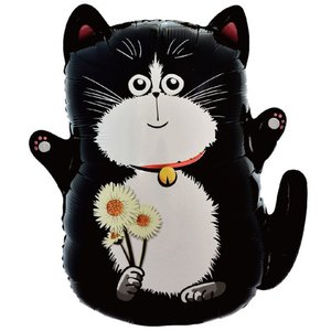 Фольгированный шар "Кот черный с букетом ромашек"