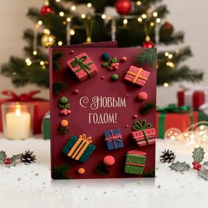 Мини-открытка "С Новым годом (подарки на малиновом фоне)"