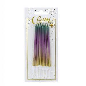 Свечи тортовые классические XL "Градиент" Золото-фиолетовый-серебро металлизированные с держателями