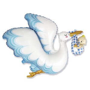 Фольгированный шар "Аист с ребенком" голубой
