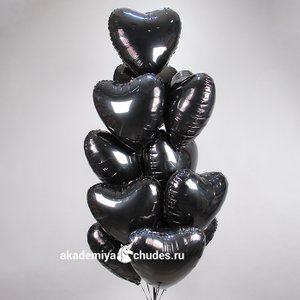 Облако из 15 фольгированных шаров сердец (черные)