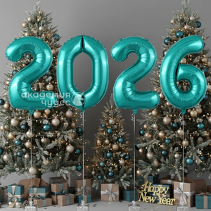 "С Новым 2026 Годом!" набор из 4 фольгированных цифр, Бирюзовый 102 см