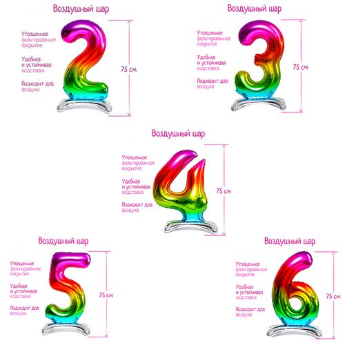 Основное изображение товара Цифра фольгированная, радужная на подставке 75 см  (воздух)